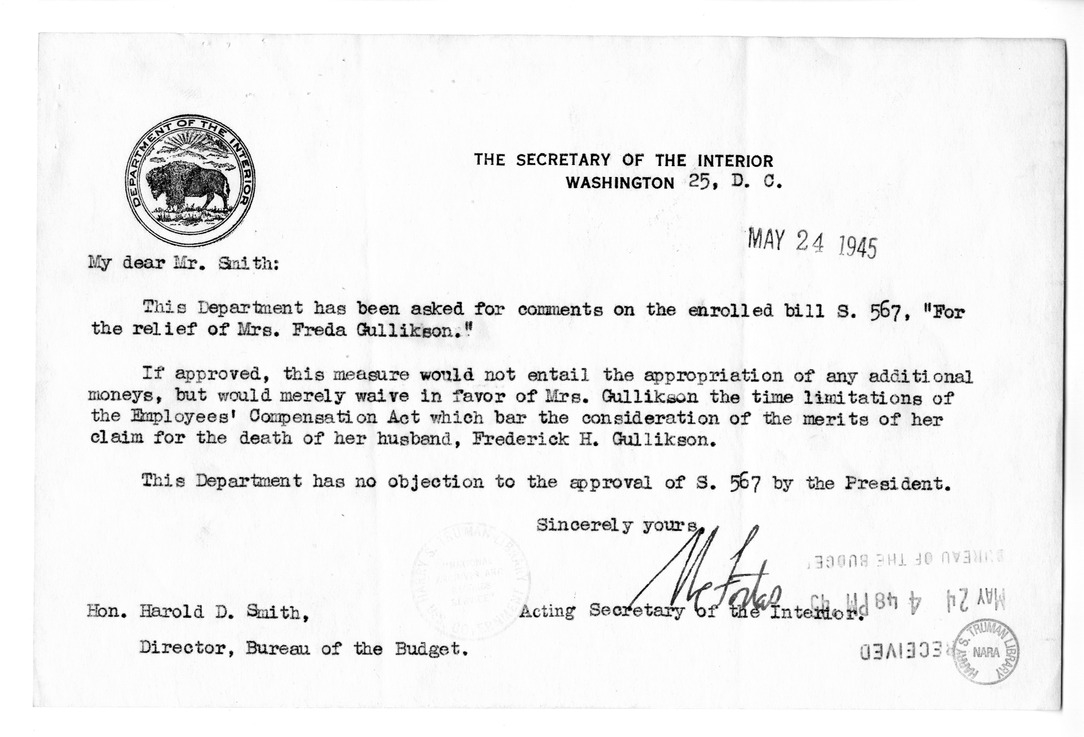Memorandum from Frederick J. Bailey to M. C. Latta, S. 567, For the Relief of Mrs. Freda Gullickson, with Attachments