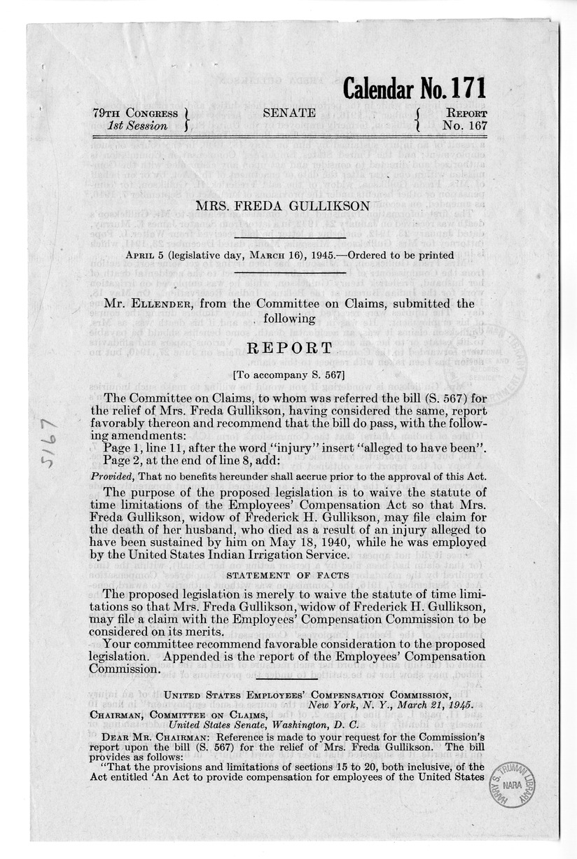 Memorandum from Frederick J. Bailey to M. C. Latta, S. 567, For the Relief of Mrs. Freda Gullickson, with Attachments