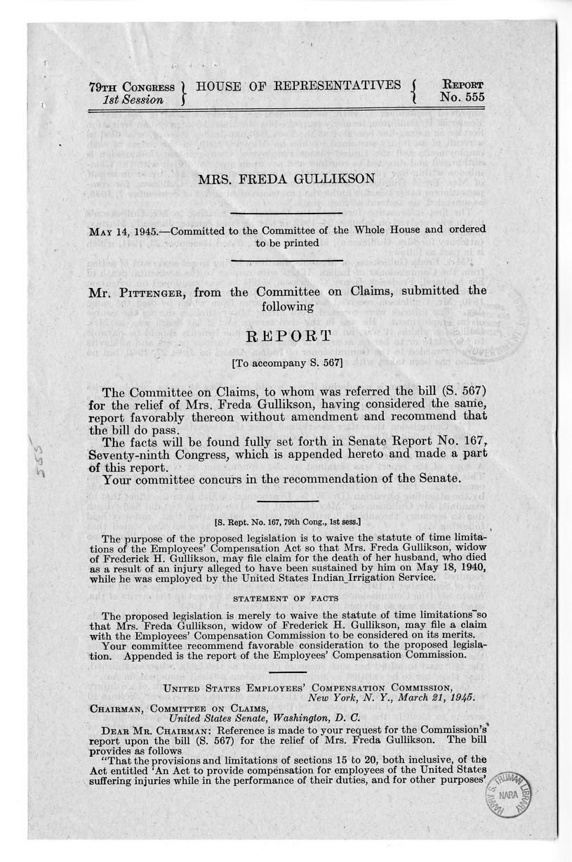 Memorandum from Frederick J. Bailey to M. C. Latta, S. 567, For the Relief of Mrs. Freda Gullickson, with Attachments