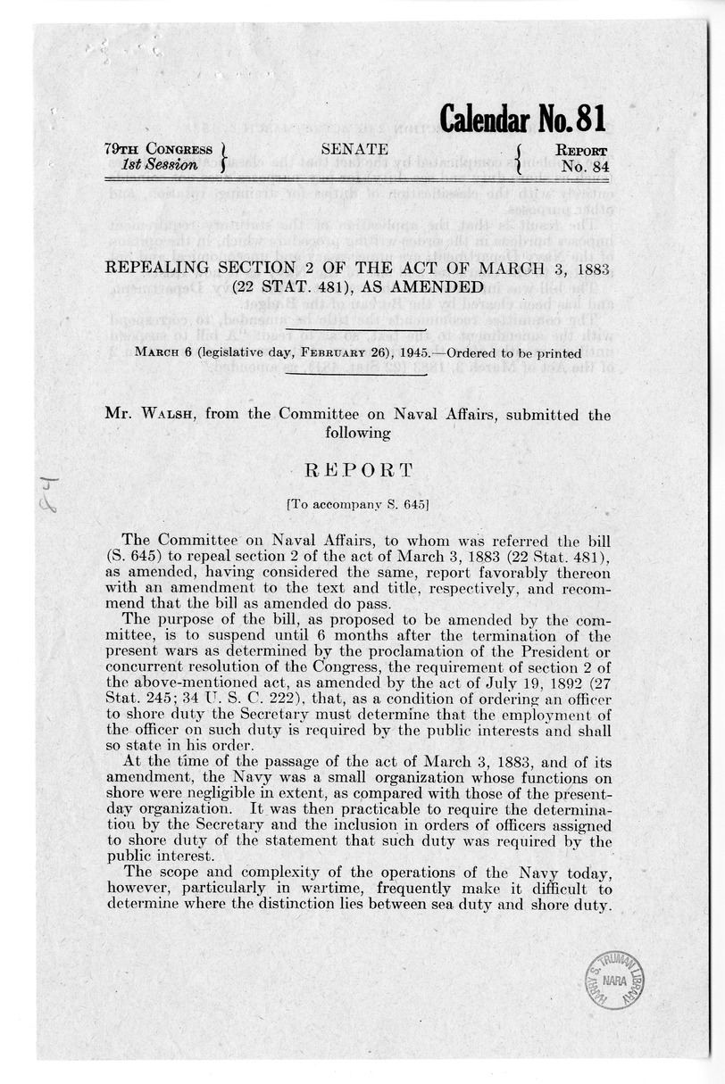 Memorandum from Frederick J. Bailey to M. C. Latta, S. 645, To Suspend until Six Months After the Termination of the Present Wars Section 2 of the Act of March 3, 1883, (22 Stat. 481), as Amended, with Attachments