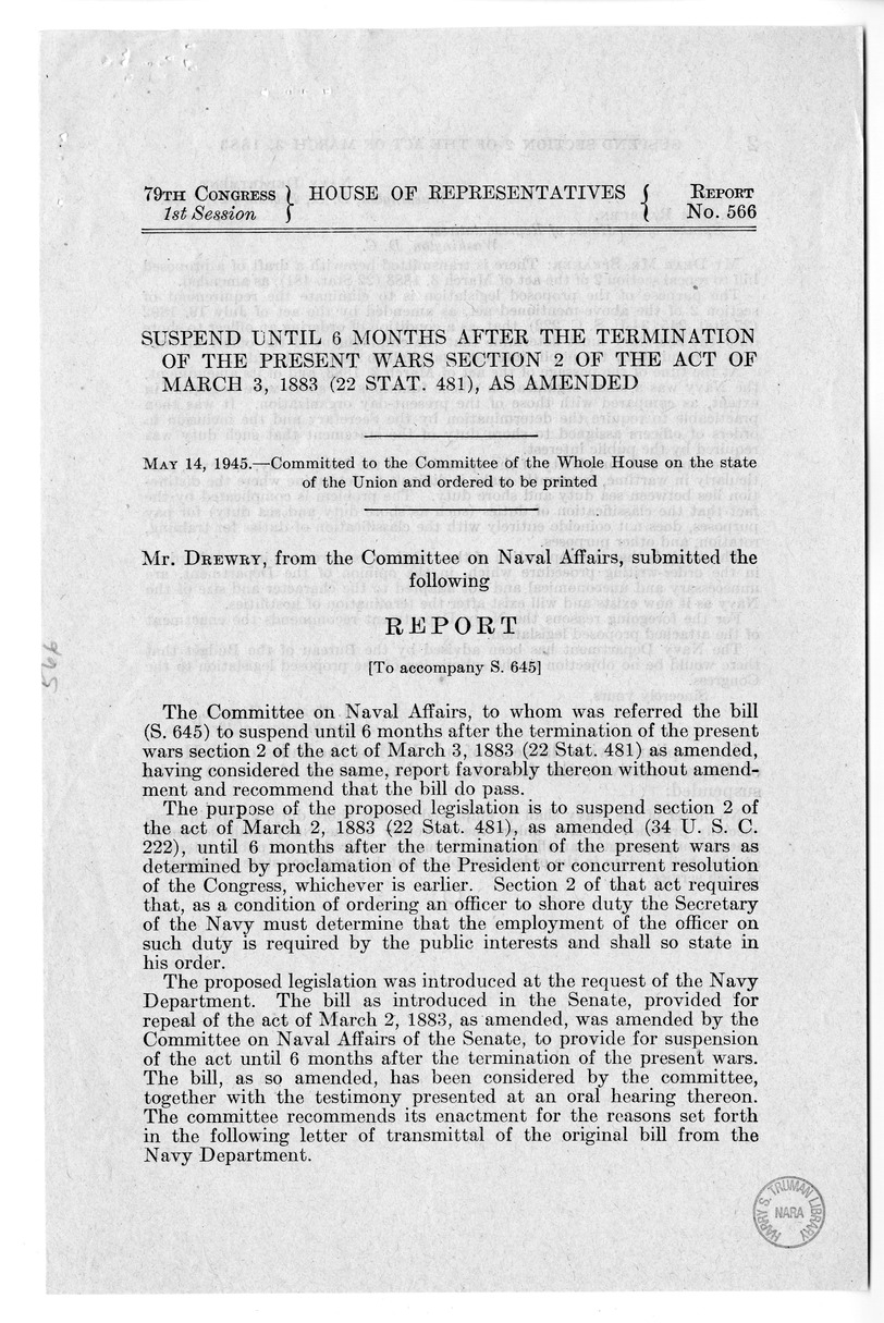 Memorandum from Frederick J. Bailey to M. C. Latta, S. 645, To Suspend until Six Months After the Termination of the Present Wars Section 2 of the Act of March 3, 1883, (22 Stat. 481), as Amended, with Attachments