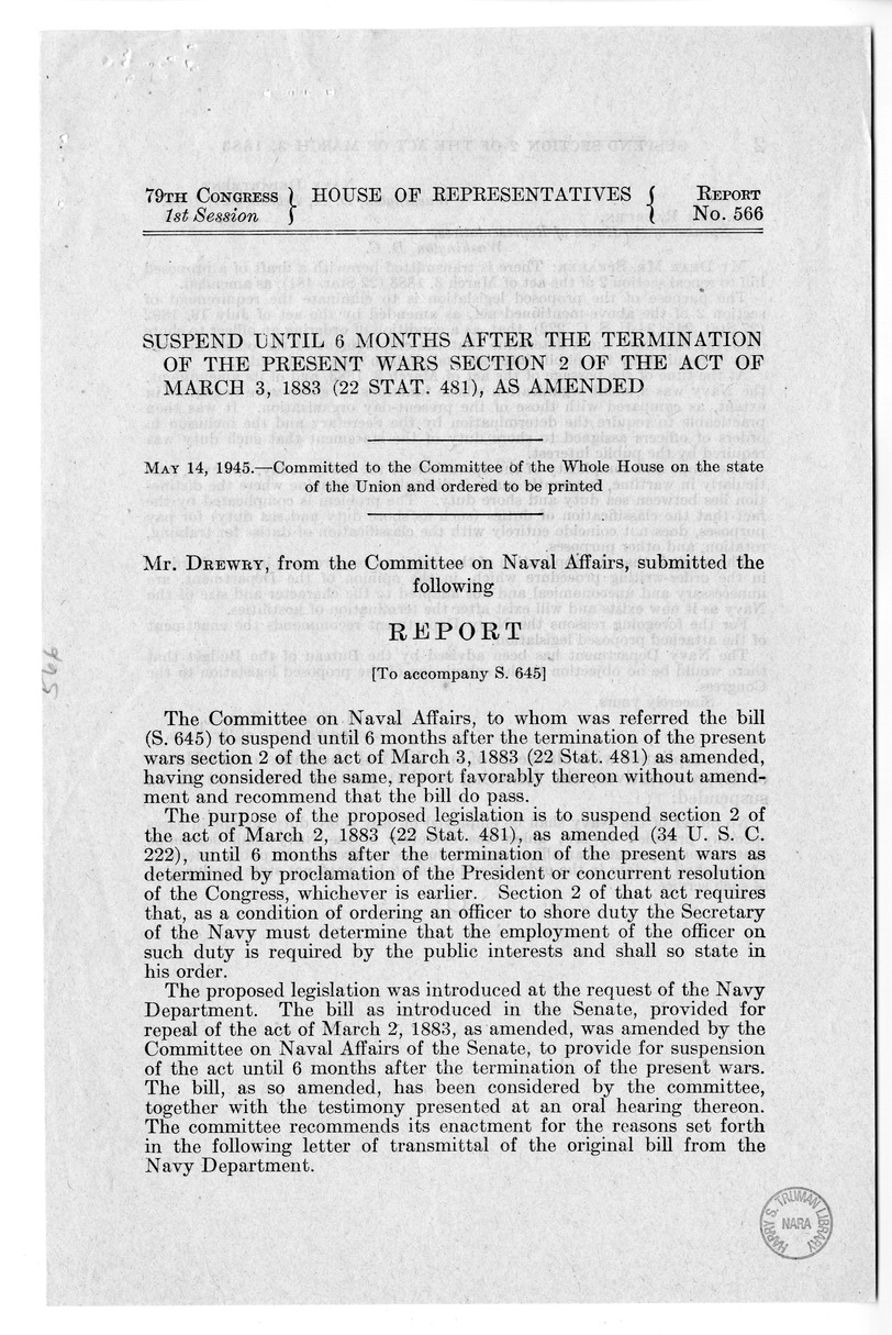 Memorandum from Frederick J. Bailey to M. C. Latta, S. 645, To Suspend until Six Months After the Termination of the Present Wars Section 2 of the Act of March 3, 1883, (22 Stat. 481), as Amended, with Attachments