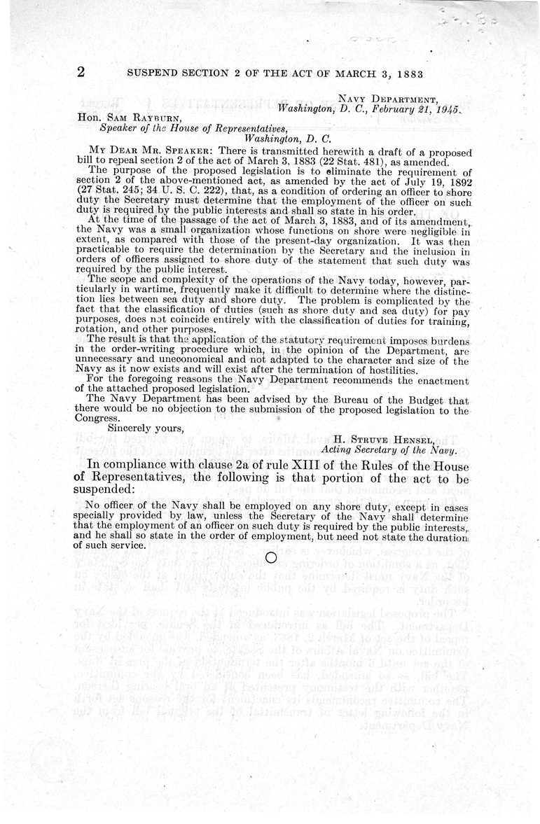 Memorandum from Frederick J. Bailey to M. C. Latta, S. 645, To Suspend until Six Months After the Termination of the Present Wars Section 2 of the Act of March 3, 1883, (22 Stat. 481), as Amended, with Attachments