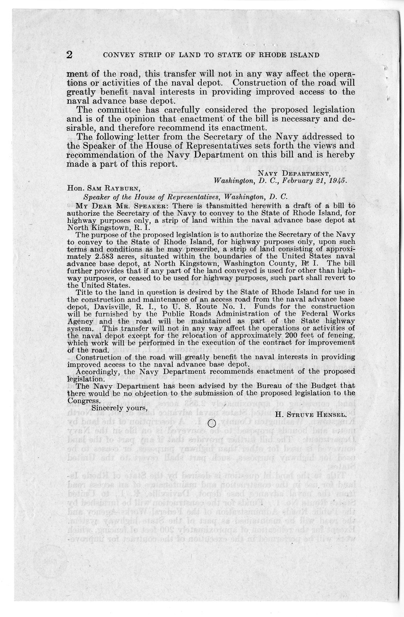 Memorandum from Frederick J. Bailey to M. C. Latta, S. 647, To Authorize the Secretary of the Navy to convey to the State of Rhode Island a Strip of Land Within the Naval Base Depot at North Kingstown Rhode Island, with Attachments