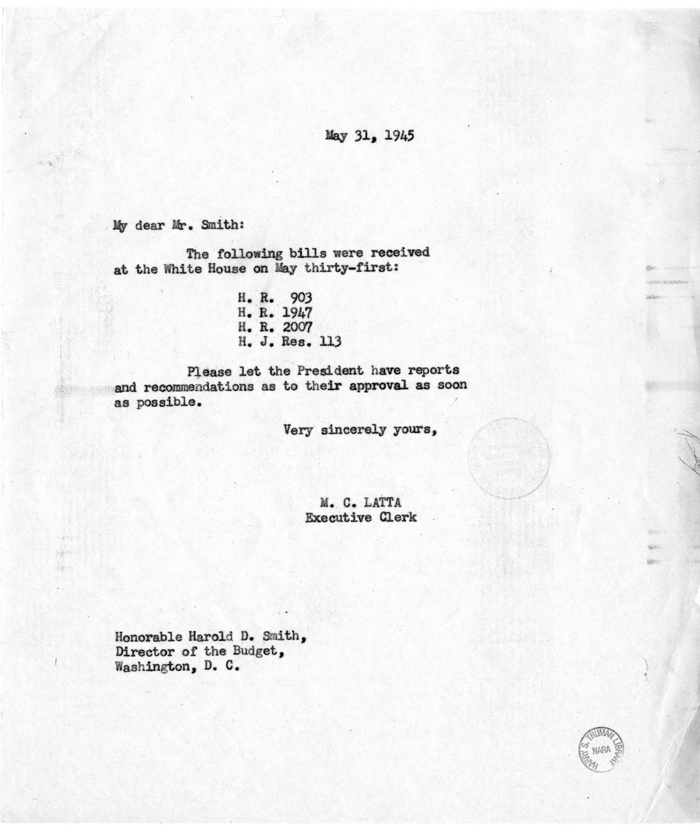 Memorandum from M. C. Latta to Harold D. Smith