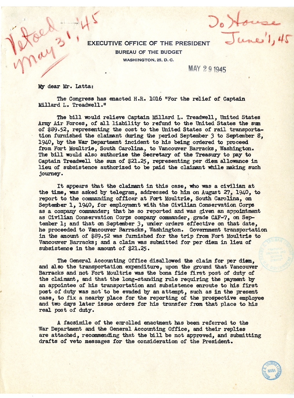 Memorandum from Harold D. Smith to M. C. Latta, H.R. 1016, For the Relief of Captain Millard L. Treadwell, with Attachments