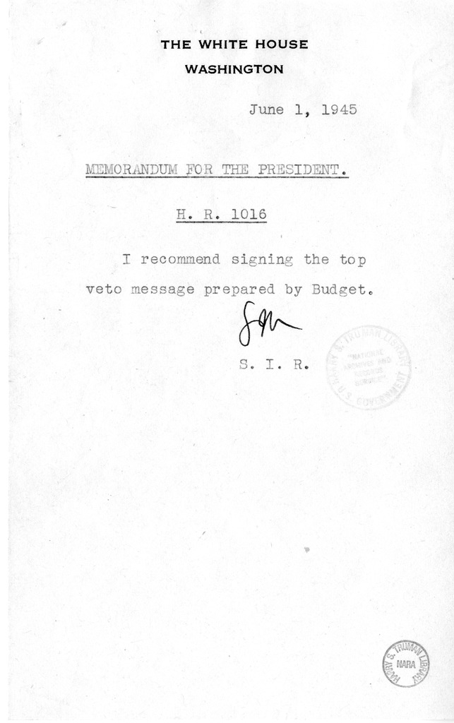 Memorandum from Harold D. Smith to M. C. Latta, H.R. 1016, For the Relief of Captain Millard L. Treadwell, with Attachments