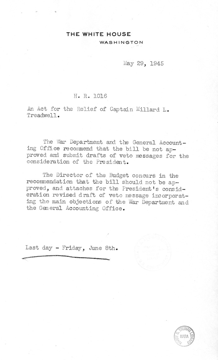 Memorandum from Harold D. Smith to M. C. Latta, H.R. 1016, For the Relief of Captain Millard L. Treadwell, with Attachments