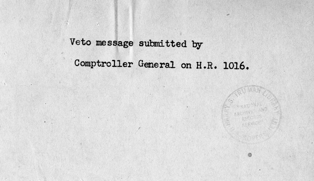 Memorandum from Harold D. Smith to M. C. Latta, H.R. 1016, For the Relief of Captain Millard L. Treadwell, with Attachments