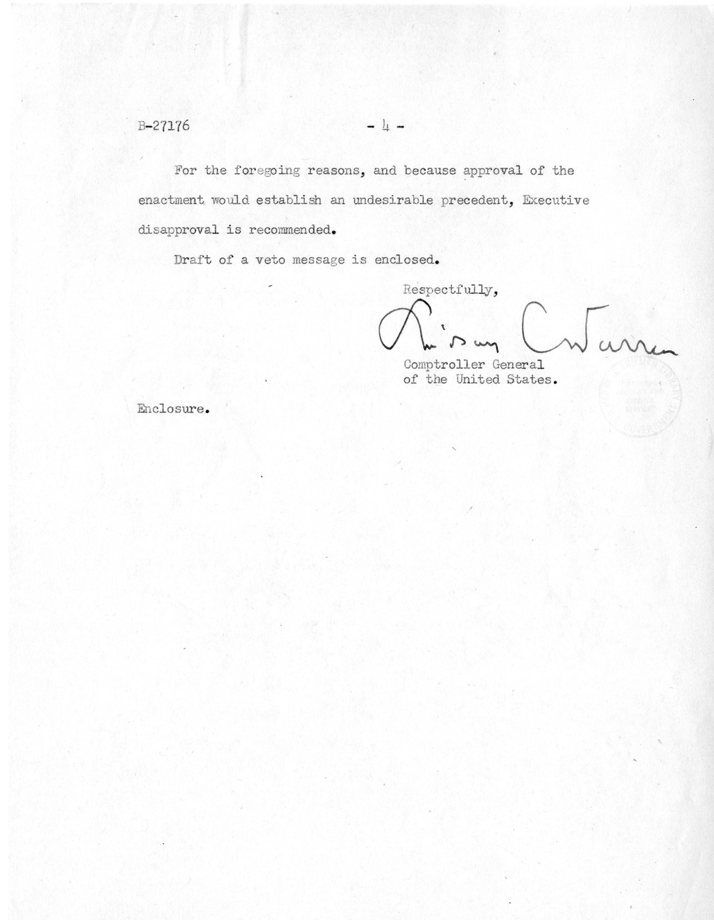 Memorandum from Harold D. Smith to M. C. Latta, H.R. 1016, For the Relief of Captain Millard L. Treadwell, with Attachments