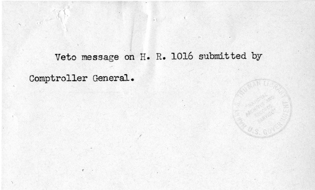 Memorandum from Harold D. Smith to M. C. Latta, H.R. 1016, For the Relief of Captain Millard L. Treadwell, with Attachments