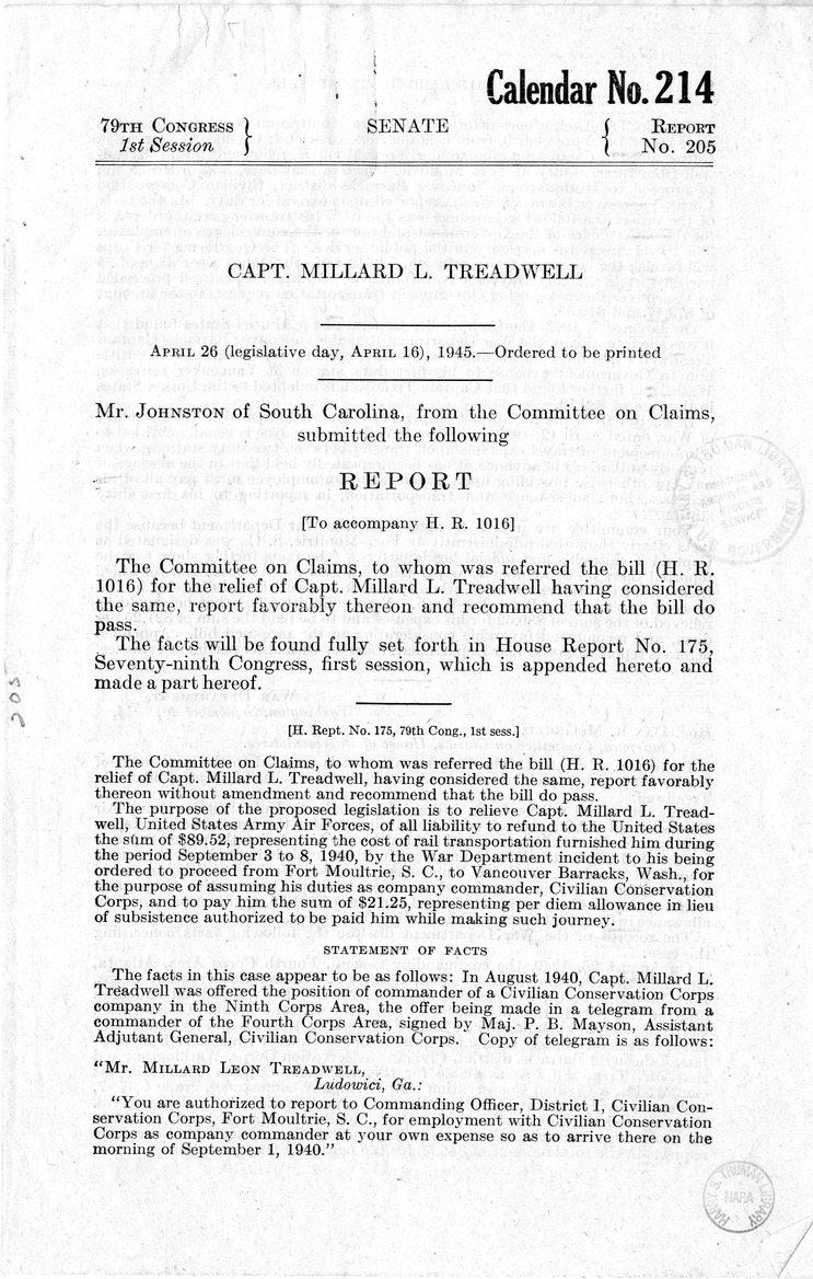 Memorandum from Harold D. Smith to M. C. Latta, H.R. 1016, For the Relief of Captain Millard L. Treadwell, with Attachments