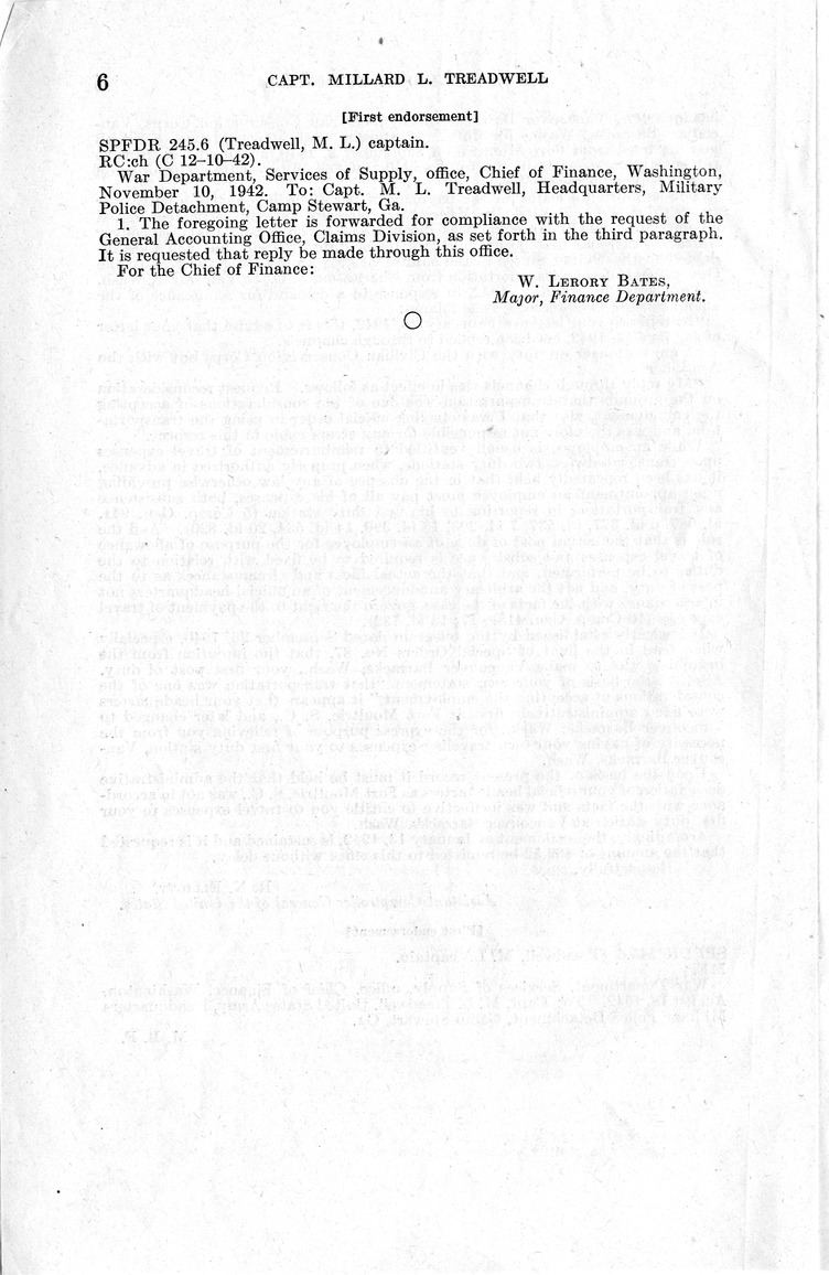 Memorandum from Harold D. Smith to M. C. Latta, H.R. 1016, For the Relief of Captain Millard L. Treadwell, with Attachments