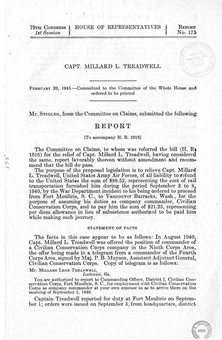 Memorandum from Harold D. Smith to M. C. Latta, H.R. 1016, For the Relief of Captain Millard L. Treadwell, with Attachments