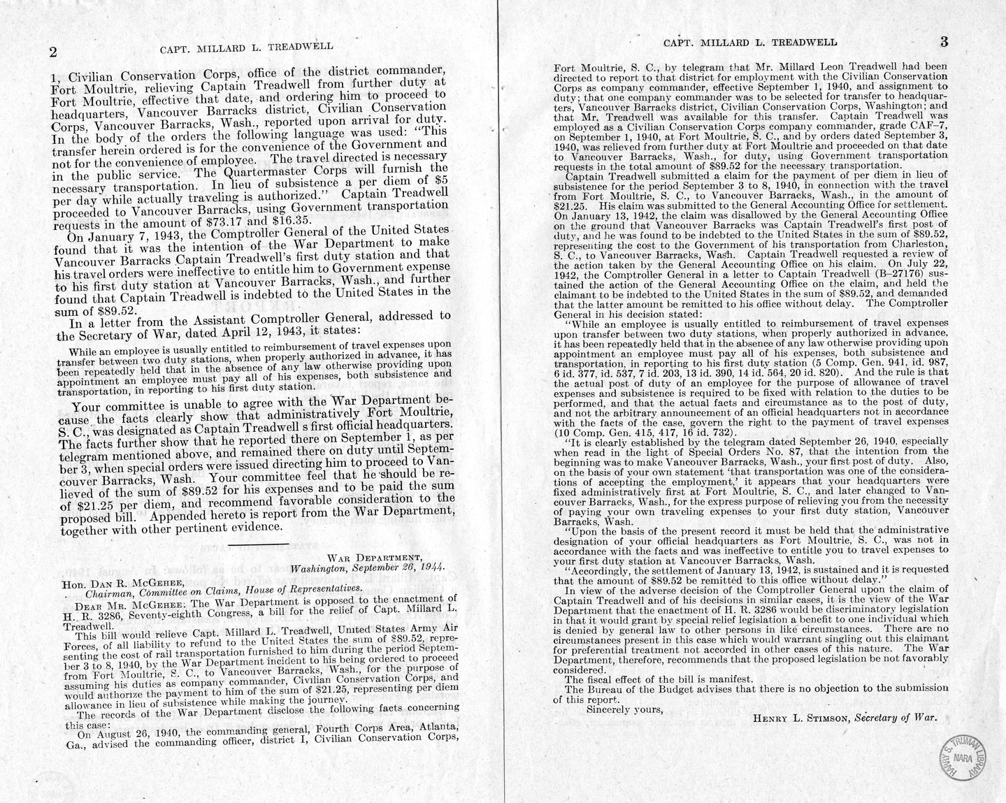 Memorandum from Harold D. Smith to M. C. Latta, H.R. 1016, For the Relief of Captain Millard L. Treadwell, with Attachments