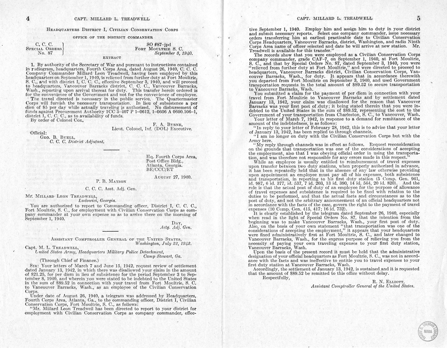 Memorandum from Harold D. Smith to M. C. Latta, H.R. 1016, For the Relief of Captain Millard L. Treadwell, with Attachments
