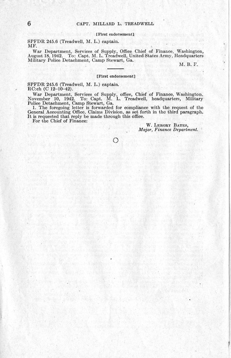 Memorandum from Harold D. Smith to M. C. Latta, H.R. 1016, For the Relief of Captain Millard L. Treadwell, with Attachments