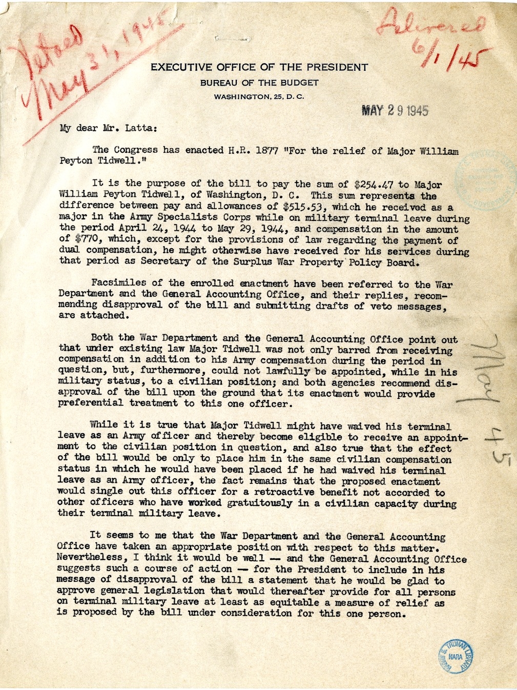 Memorandum from Harold D. Smith to M. C. Latta, H.R. 1877, For the Relief of Major William Peyton Tidwell, with Attachments