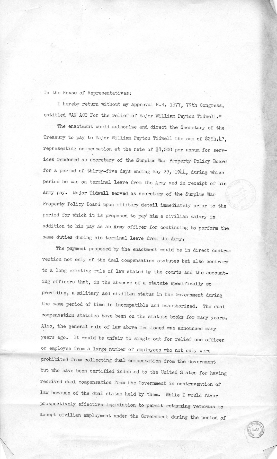 Memorandum from Harold D. Smith to M. C. Latta, H.R. 1877, For the Relief of Major William Peyton Tidwell, with Attachments