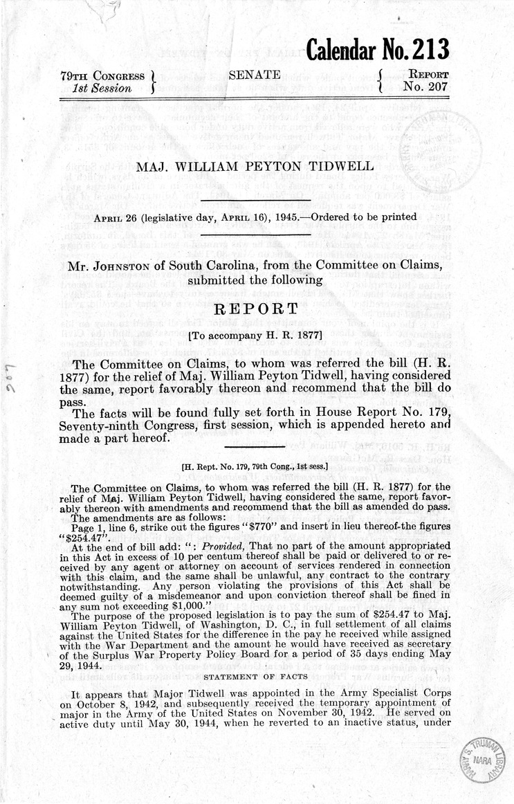 Memorandum from Harold D. Smith to M. C. Latta, H.R. 1877, For the Relief of Major William Peyton Tidwell, with Attachments