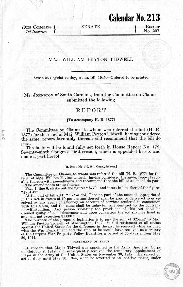 Memorandum from Harold D. Smith to M. C. Latta, H.R. 1877, For the Relief of Major William Peyton Tidwell, with Attachments