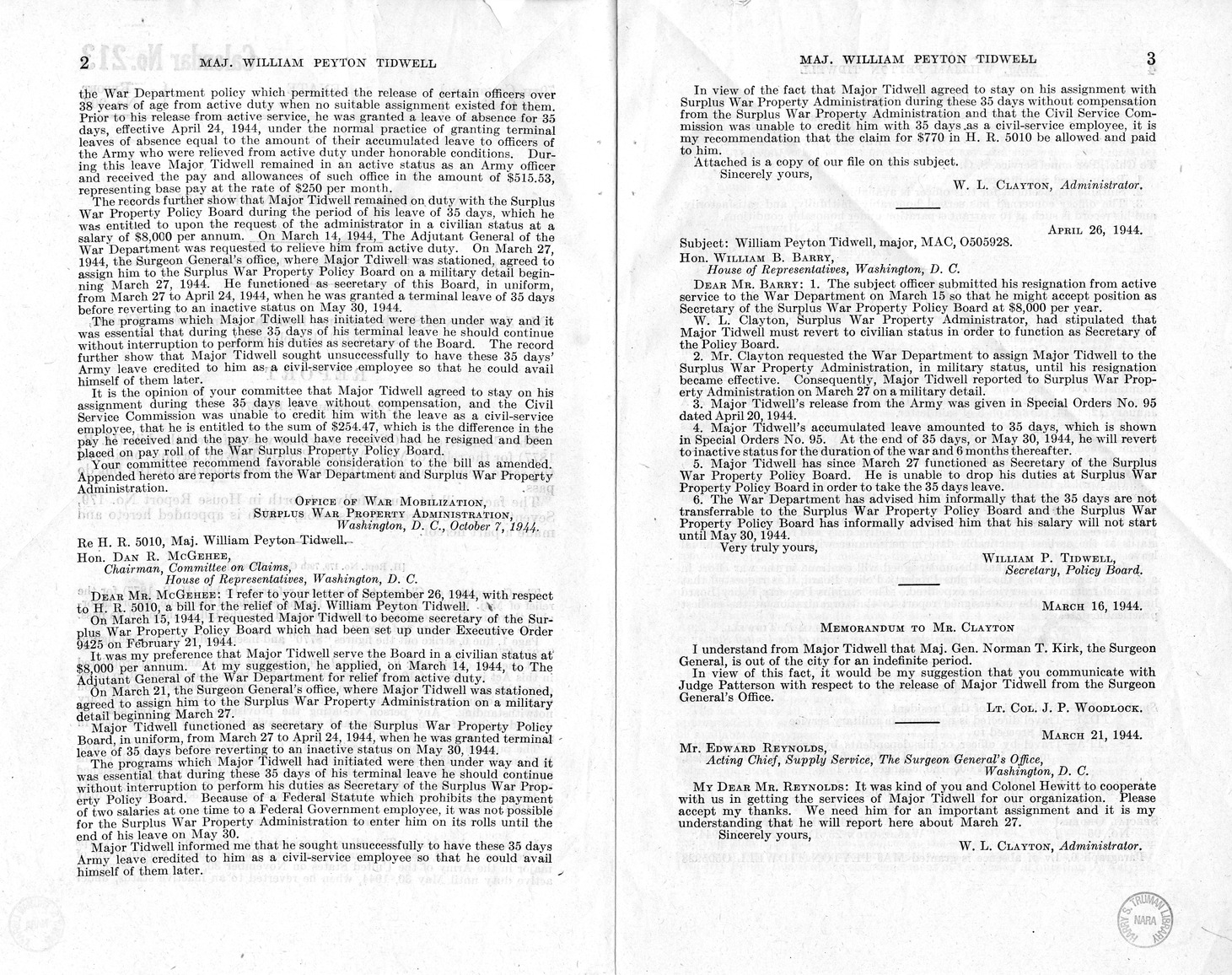 Memorandum from Harold D. Smith to M. C. Latta, H.R. 1877, For the Relief of Major William Peyton Tidwell, with Attachments