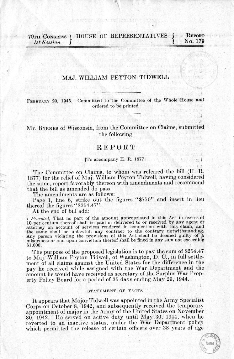 Memorandum from Harold D. Smith to M. C. Latta, H.R. 1877, For the Relief of Major William Peyton Tidwell, with Attachments