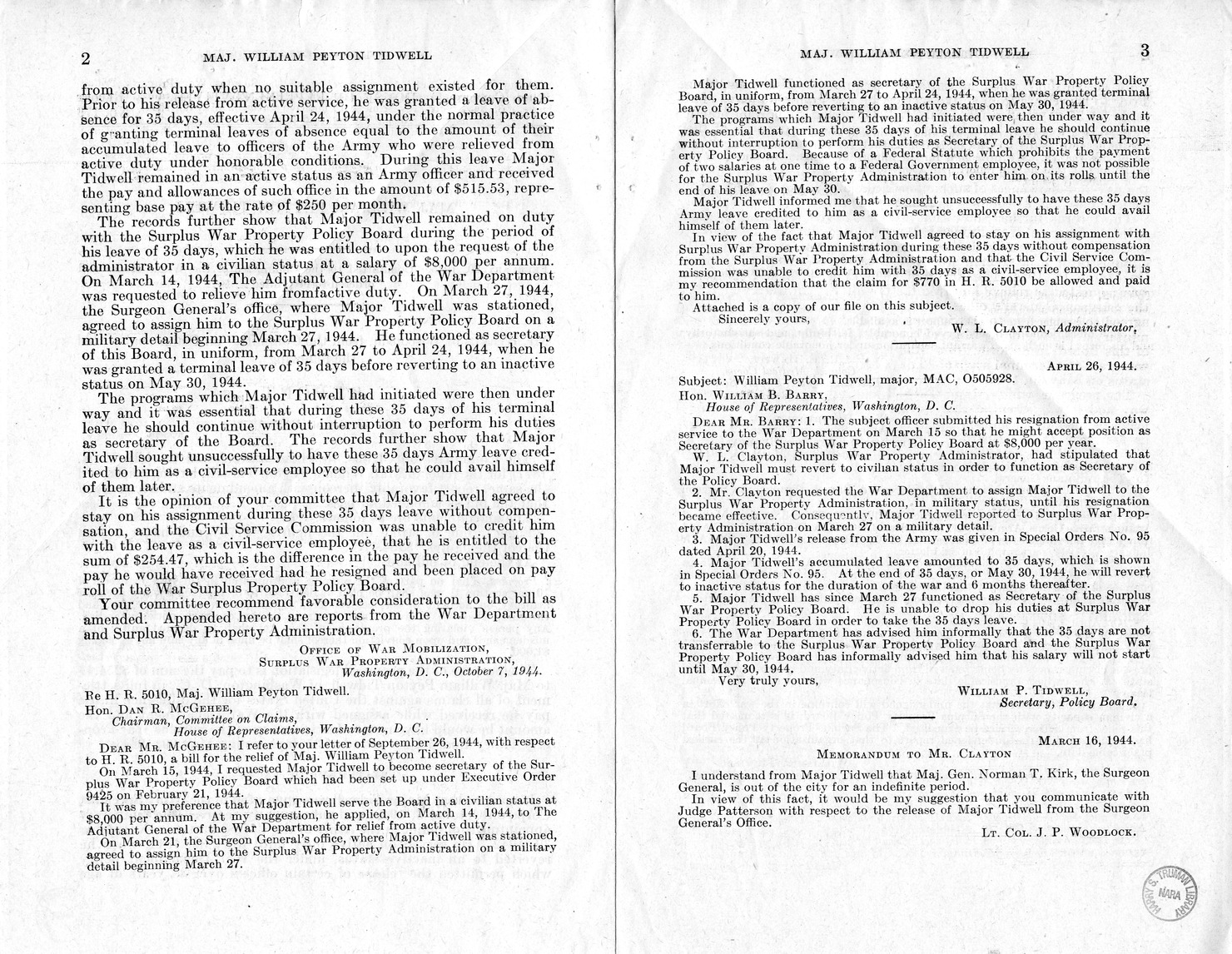 Memorandum from Harold D. Smith to M. C. Latta, H.R. 1877, For the Relief of Major William Peyton Tidwell, with Attachments