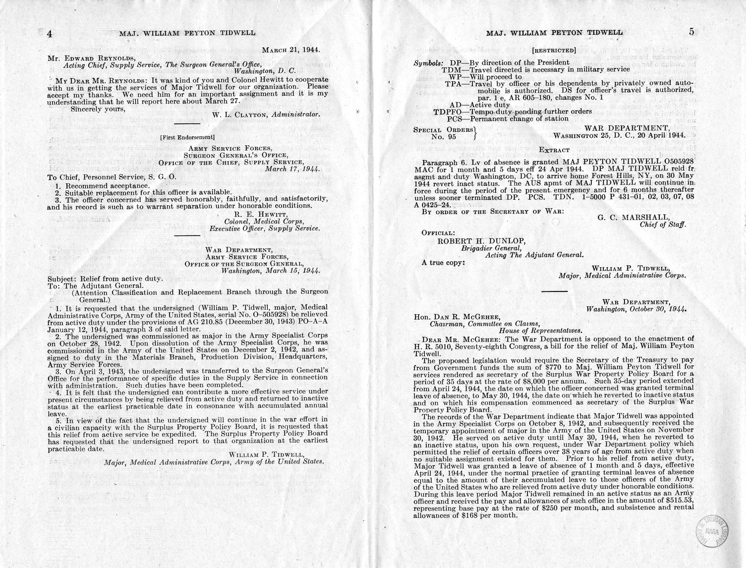 Memorandum from Harold D. Smith to M. C. Latta, H.R. 1877, For the Relief of Major William Peyton Tidwell, with Attachments