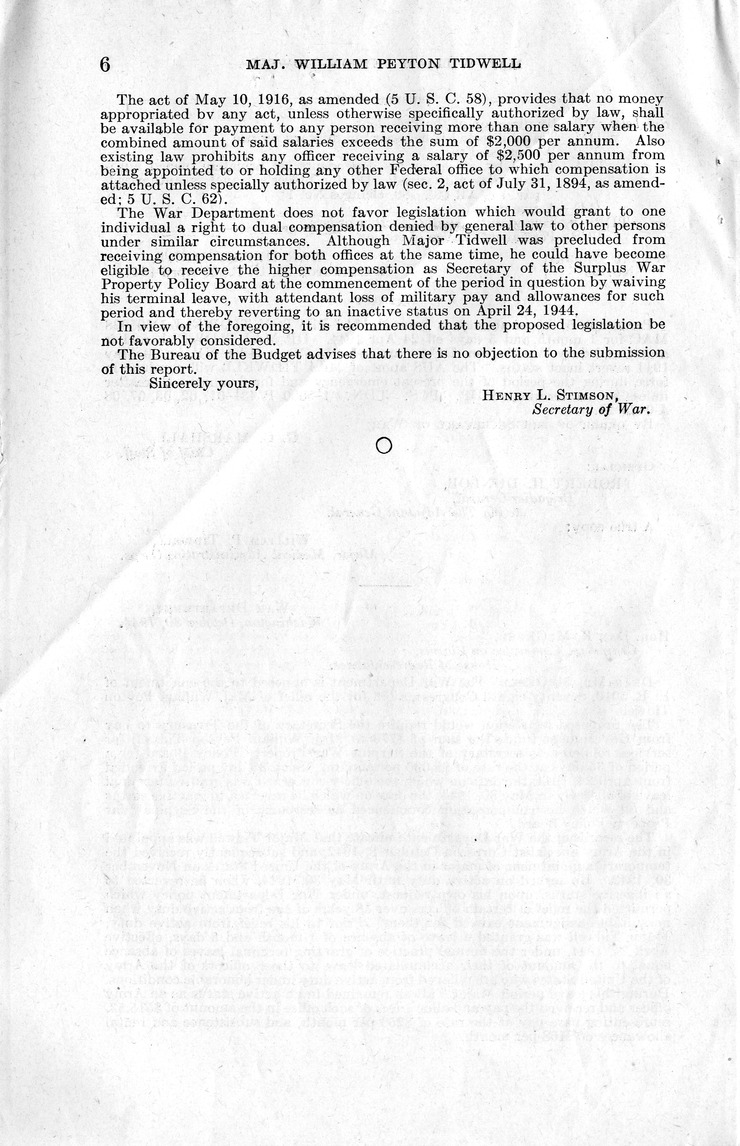 Memorandum from Harold D. Smith to M. C. Latta, H.R. 1877, For the Relief of Major William Peyton Tidwell, with Attachments