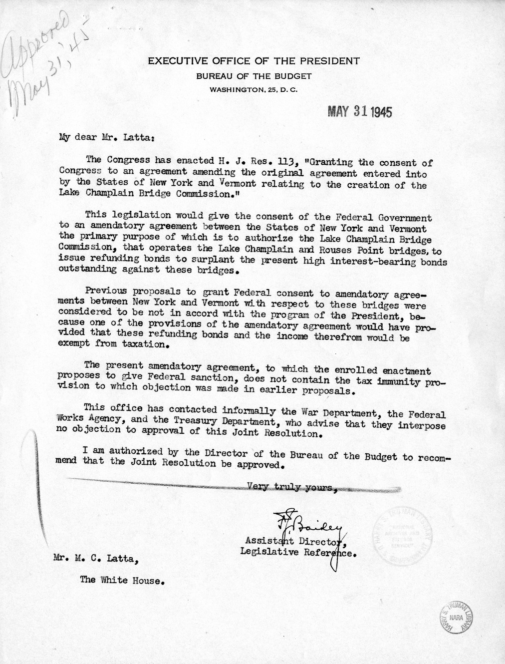 Memorandum from Frederick J. Bailey to M. C. Latta, H.J. Res. 113, Relating to the Creation of the Lake Champlain Bridge Commission