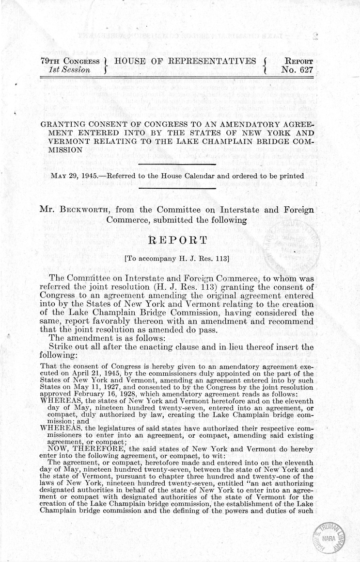 Memorandum from Frederick J. Bailey to M. C. Latta, H.J. Res. 113, Relating to the Creation of the Lake Champlain Bridge Commission