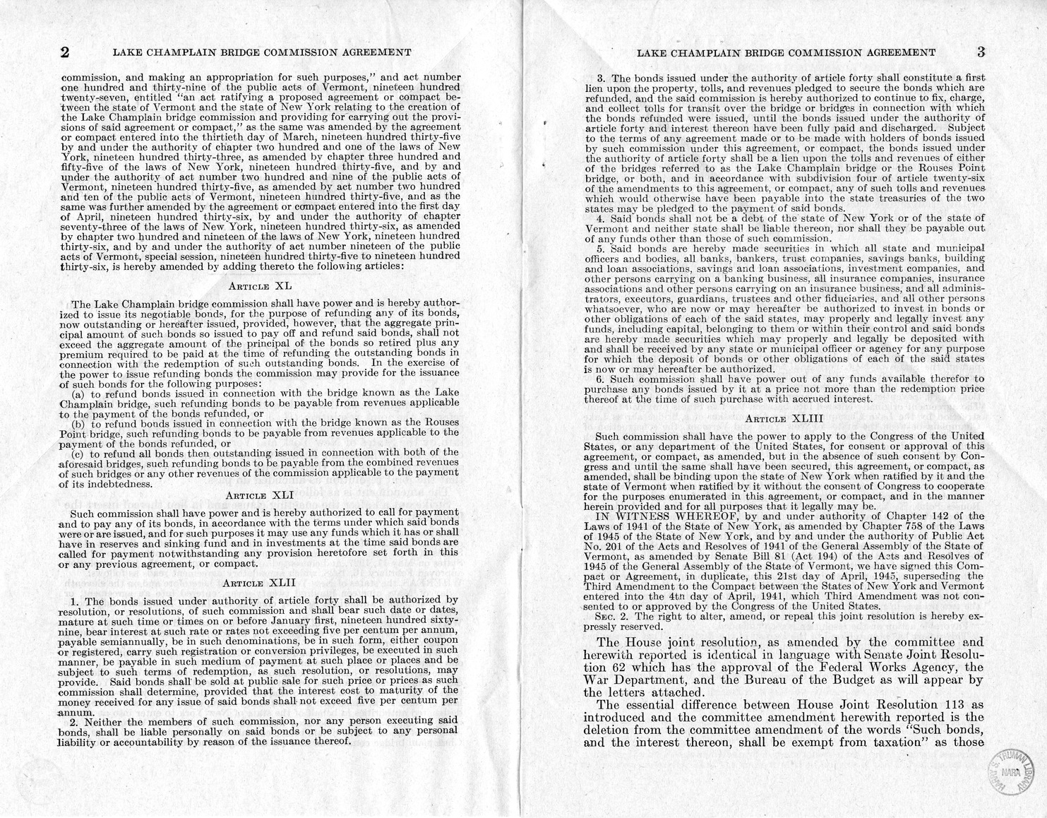 Memorandum from Frederick J. Bailey to M. C. Latta, H.J. Res. 113, Relating to the Creation of the Lake Champlain Bridge Commission