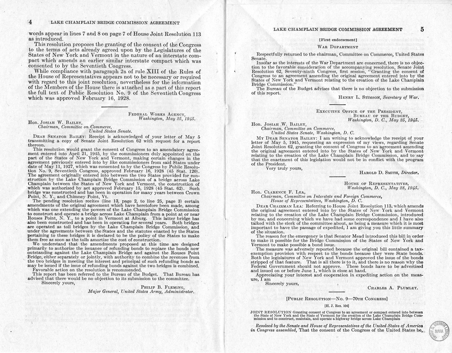 Memorandum from Frederick J. Bailey to M. C. Latta, H.J. Res. 113, Relating to the Creation of the Lake Champlain Bridge Commission