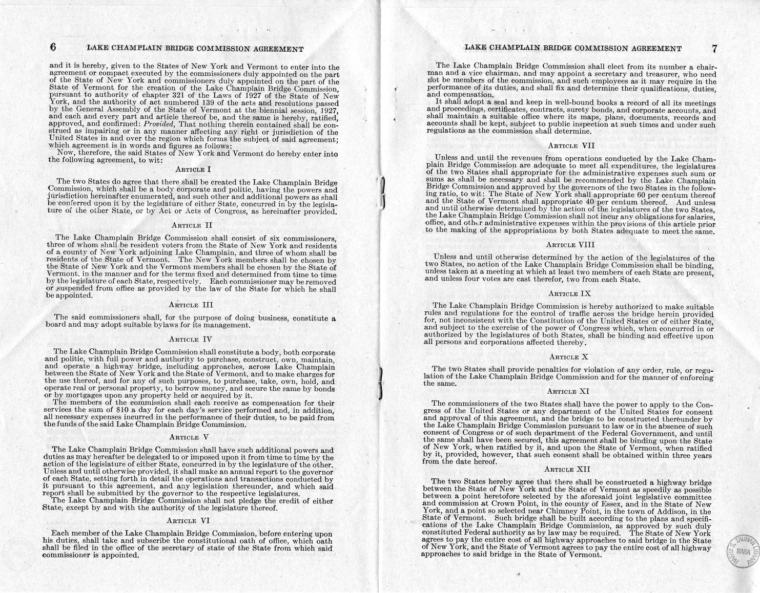 Memorandum from Frederick J. Bailey to M. C. Latta, H.J. Res. 113, Relating to the Creation of the Lake Champlain Bridge Commission