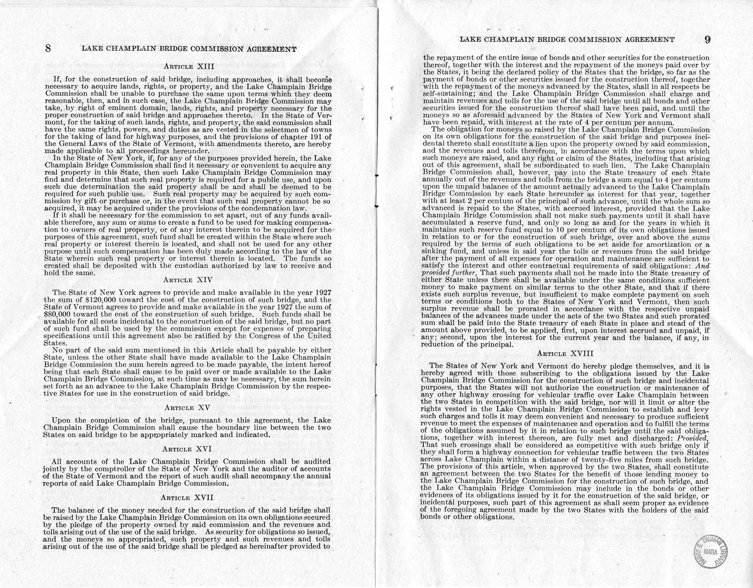 Memorandum from Frederick J. Bailey to M. C. Latta, H.J. Res. 113, Relating to the Creation of the Lake Champlain Bridge Commission