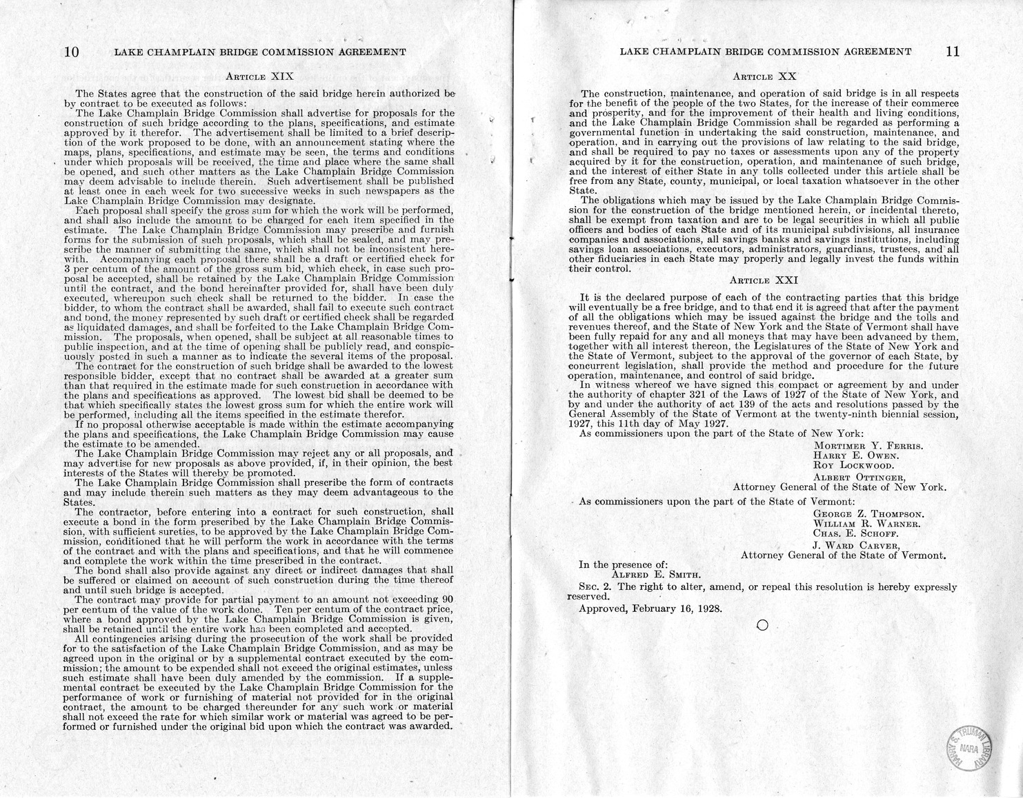 Memorandum from Frederick J. Bailey to M. C. Latta, H.J. Res. 113, Relating to the Creation of the Lake Champlain Bridge Commission