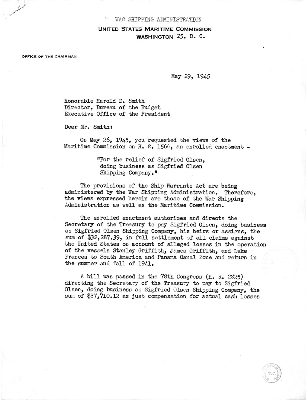 Memorandum from Harold D. Smith to M. C. Latta, H.R. 1566, For the Relief of Sigfried Olsen, Doing Business as Sigfried Olsen Shipping Company, with Attachments