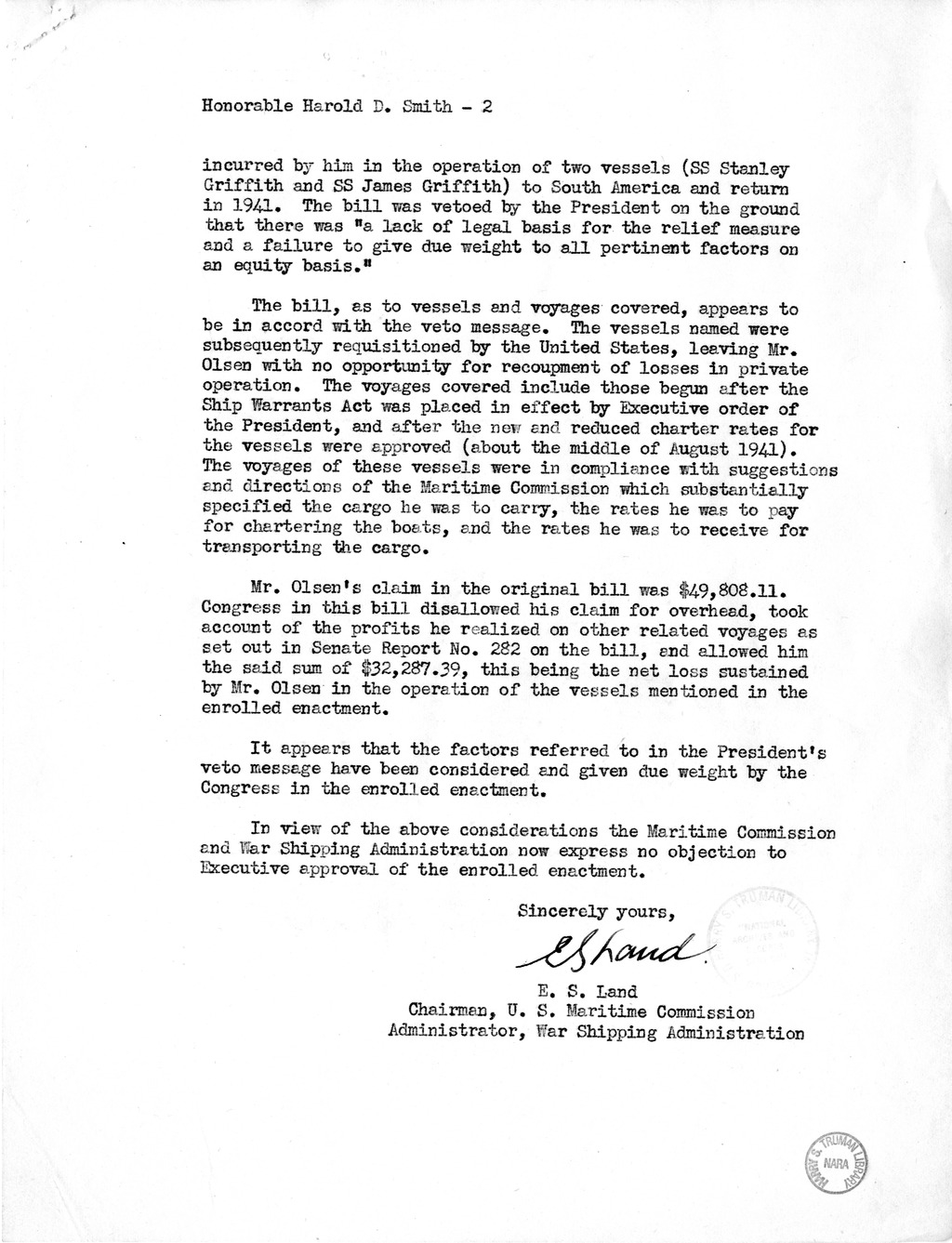 Memorandum from Harold D. Smith to M. C. Latta, H.R. 1566, For the Relief of Sigfried Olsen, Doing Business as Sigfried Olsen Shipping Company, with Attachments