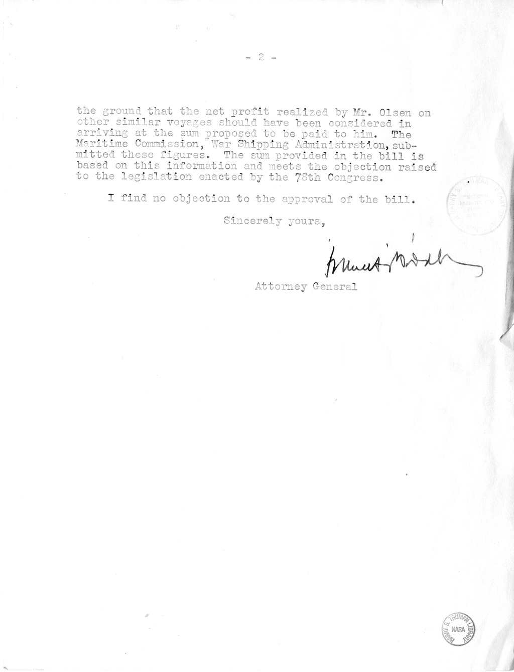 Memorandum from Harold D. Smith to M. C. Latta, H.R. 1566, For the Relief of Sigfried Olsen, Doing Business as Sigfried Olsen Shipping Company, with Attachments