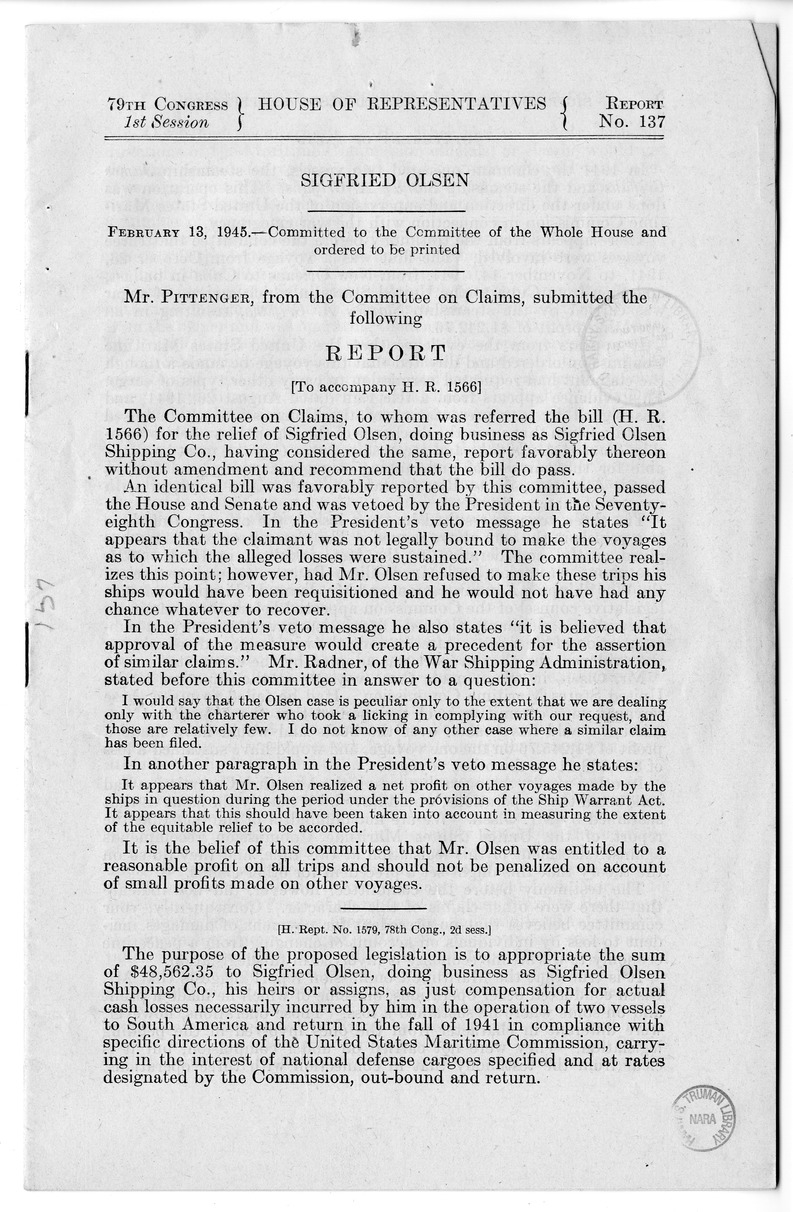 Memorandum from Harold D. Smith to M. C. Latta, H.R. 1566, For the Relief of Sigfried Olsen, Doing Business as Sigfried Olsen Shipping Company, with Attachments