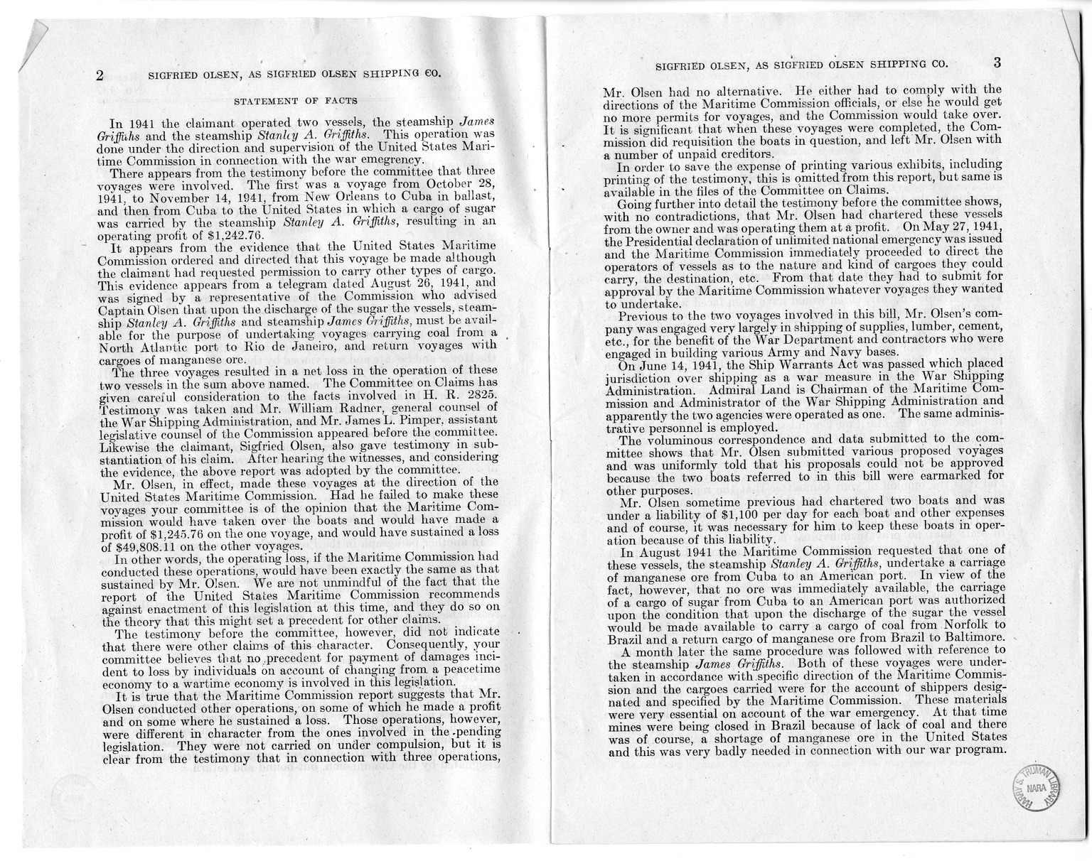 Memorandum from Harold D. Smith to M. C. Latta, H.R. 1566, For the Relief of Sigfried Olsen, Doing Business as Sigfried Olsen Shipping Company, with Attachments