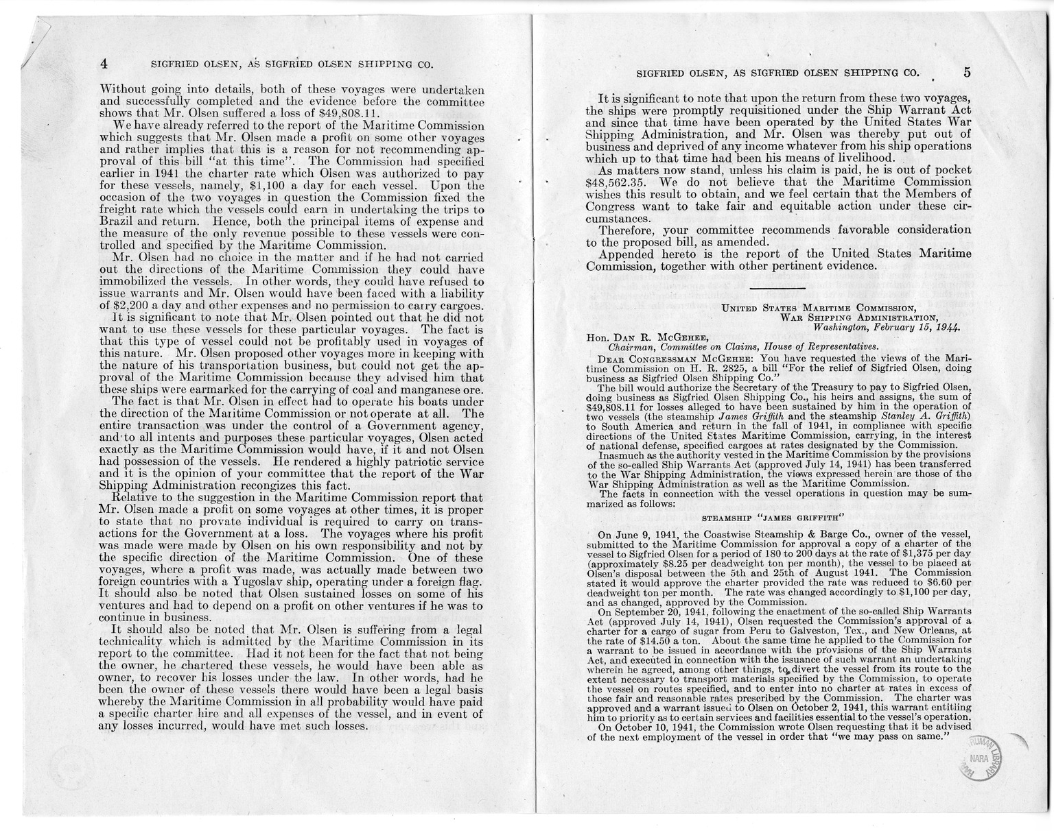 Memorandum from Harold D. Smith to M. C. Latta, H.R. 1566, For the Relief of Sigfried Olsen, Doing Business as Sigfried Olsen Shipping Company, with Attachments