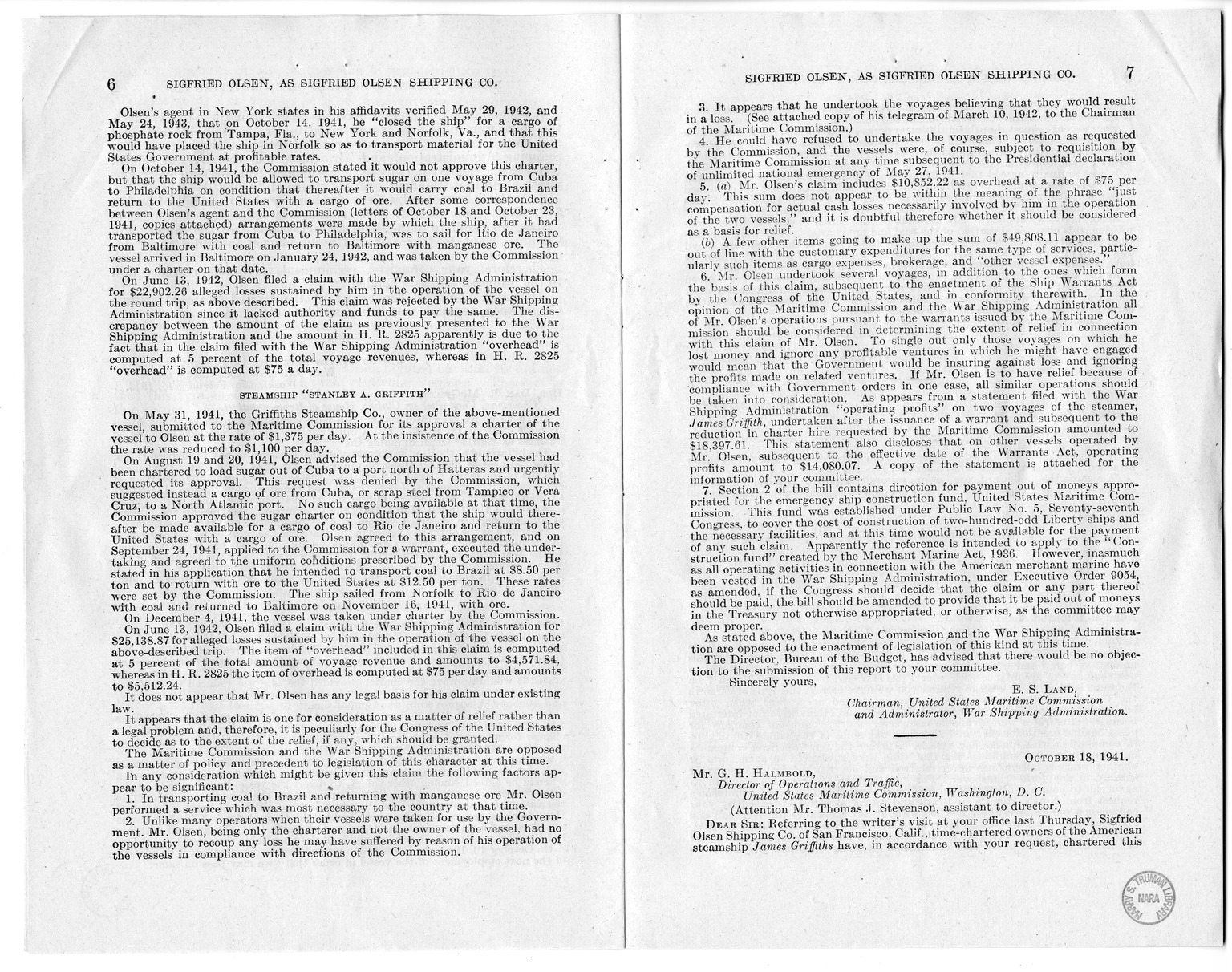 Memorandum from Harold D. Smith to M. C. Latta, H.R. 1566, For the Relief of Sigfried Olsen, Doing Business as Sigfried Olsen Shipping Company, with Attachments