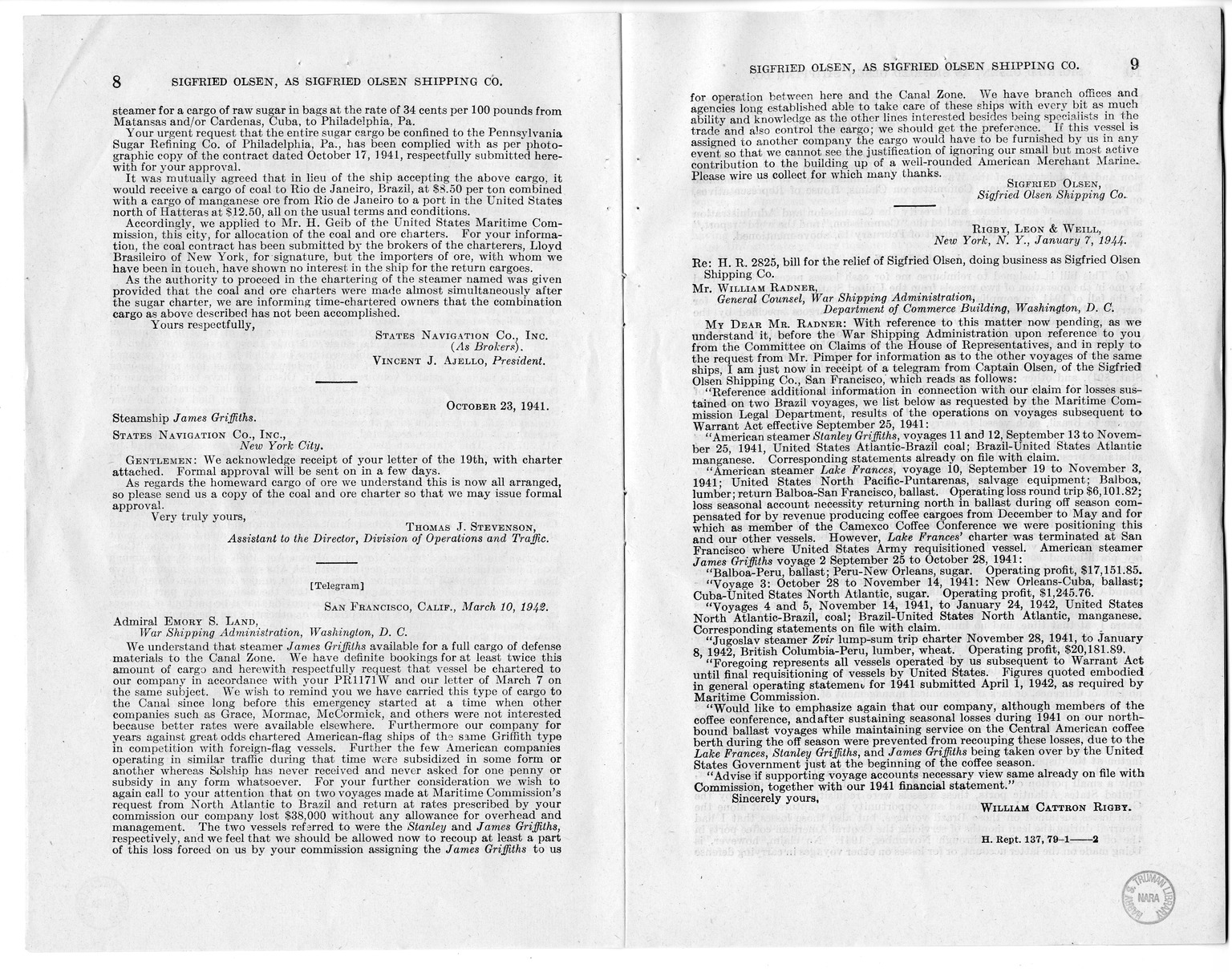 Memorandum from Harold D. Smith to M. C. Latta, H.R. 1566, For the Relief of Sigfried Olsen, Doing Business as Sigfried Olsen Shipping Company, with Attachments