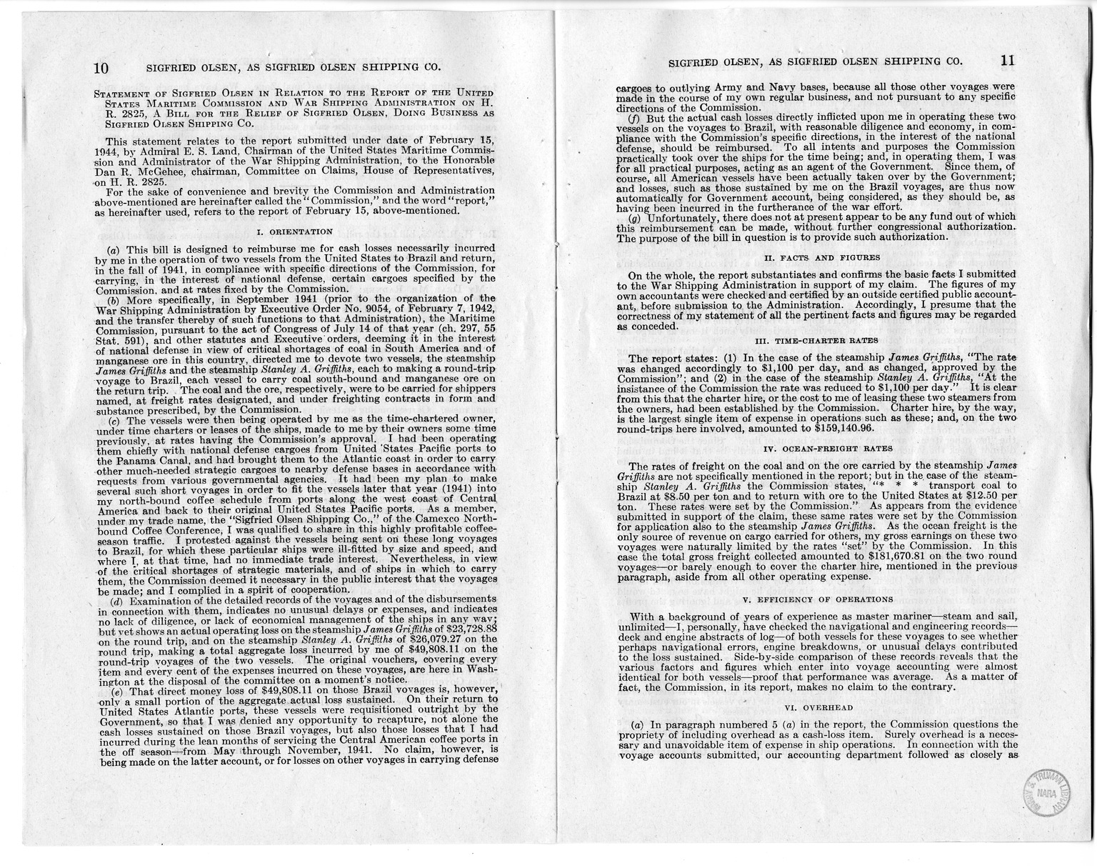 Memorandum from Harold D. Smith to M. C. Latta, H.R. 1566, For the Relief of Sigfried Olsen, Doing Business as Sigfried Olsen Shipping Company, with Attachments