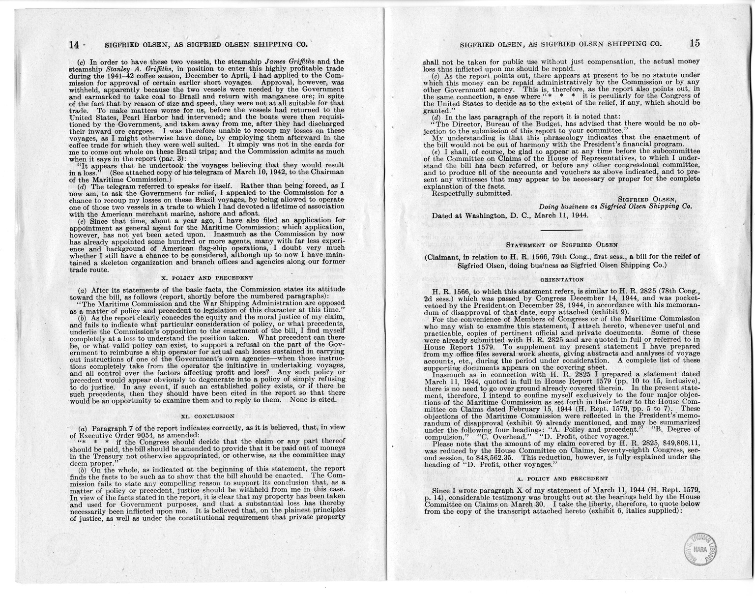 Memorandum from Harold D. Smith to M. C. Latta, H.R. 1566, For the Relief of Sigfried Olsen, Doing Business as Sigfried Olsen Shipping Company, with Attachments