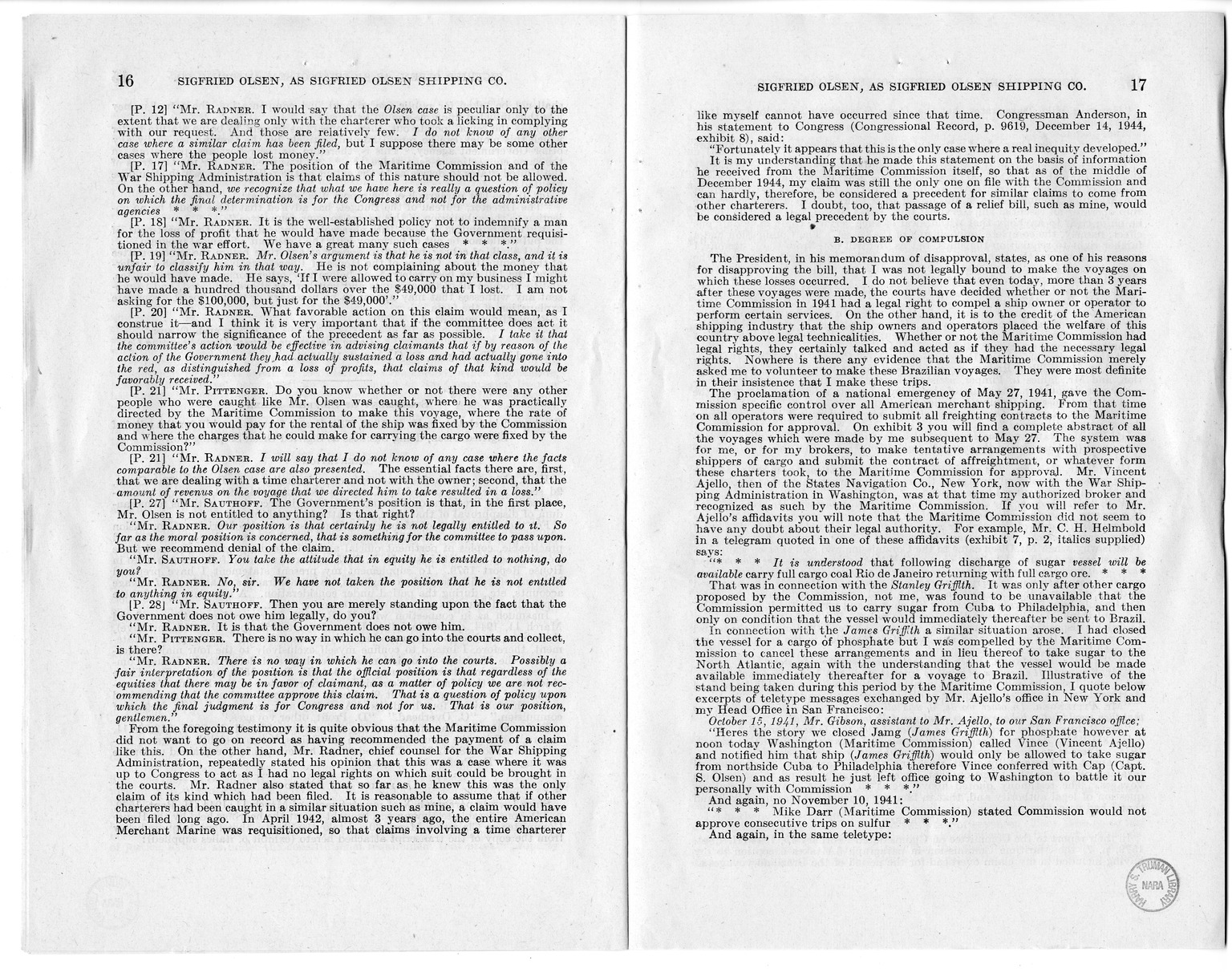 Memorandum from Harold D. Smith to M. C. Latta, H.R. 1566, For the Relief of Sigfried Olsen, Doing Business as Sigfried Olsen Shipping Company, with Attachments