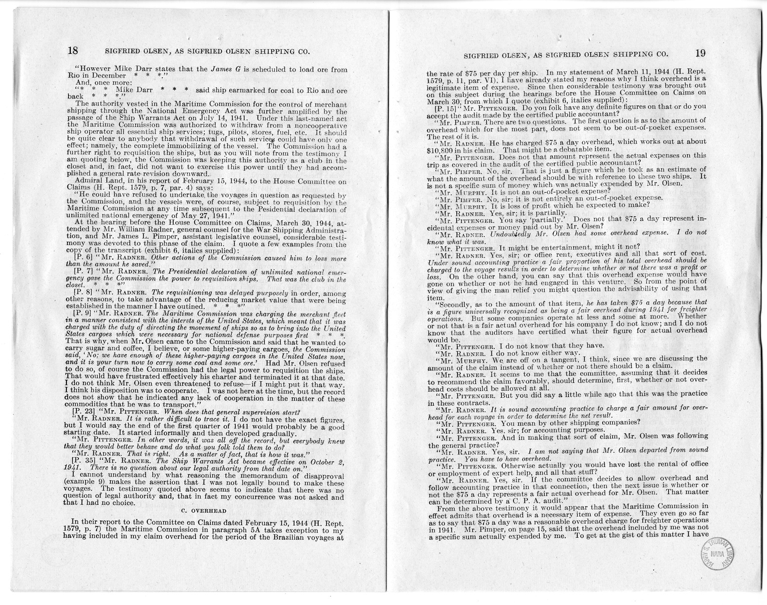 Memorandum from Harold D. Smith to M. C. Latta, H.R. 1566, For the Relief of Sigfried Olsen, Doing Business as Sigfried Olsen Shipping Company, with Attachments