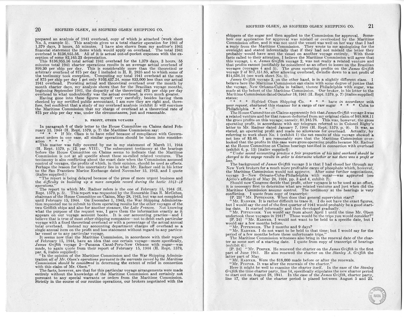 Memorandum from Harold D. Smith to M. C. Latta, H.R. 1566, For the Relief of Sigfried Olsen, Doing Business as Sigfried Olsen Shipping Company, with Attachments